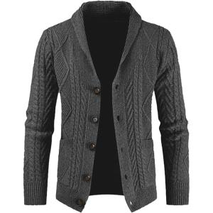 imageJMIERR Mens Casual Wool Blend Long Sleeve Shawl Collar Buttons Down Cable Knit Cardigan Sweater2 Dark Grey