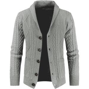 imageJMIERR Mens Casual Wool Blend Long Sleeve Shawl Collar Buttons Down Cable Knit Cardigan Sweater5 Light Grey