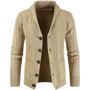 imageJMIERR Mens Casual Wool Blend Long Sleeve Shawl Collar Buttons Down Cable Knit Cardigan Sweater6 Khaki