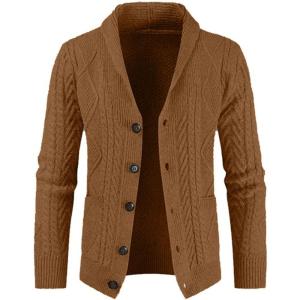 imageJMIERR Mens Casual Wool Blend Long Sleeve Shawl Collar Buttons Down Cable Knit Cardigan SweaterA Brown