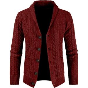 imageJMIERR Mens Casual Wool Blend Long Sleeve Shawl Collar Buttons Down Cable Knit Cardigan SweaterC Red