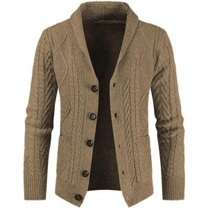 imageJMIERR Mens Casual Wool Blend Long Sleeve Shawl Collar Buttons Down Cable Knit Cardigan SweaterD Brown