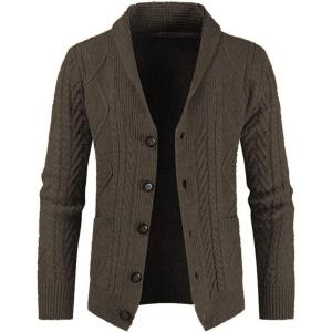 imageJMIERR Mens Casual Wool Blend Long Sleeve Shawl Collar Buttons Down Cable Knit Cardigan SweaterD Brown2