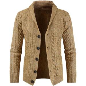 imageJMIERR Mens Casual Wool Blend Long Sleeve Shawl Collar Buttons Down Cable Knit Cardigan SweaterD Khaki