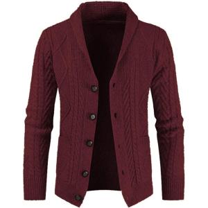 imageJMIERR Mens Casual Wool Blend Long Sleeve Shawl Collar Buttons Down Cable Knit Cardigan SweaterD Red