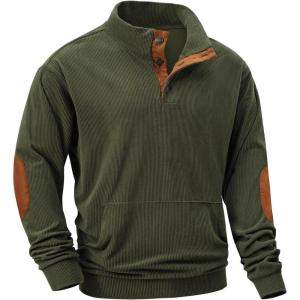 imageJMIERR Mens Corduroy Sweatshirt Casual Long Sleeve Stand Collar Button Pullover Sweatshirts with PocketsA Jungle Green