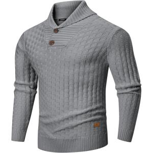 imageJMIERR Mens Knit Sweater Casual Shawl Collar Pullover Sweater Slim Fit Solid Color Fall Fashion Button Textured SweatersLight Grey