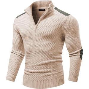 imageJMIERR Mens Quarter Zip Cable Knit Pullover Sweater Casual Long Sleeve Stand Collar SweatersBeige