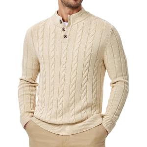 imageJMIERR Mens Wool Blend Cable Knit Sweater Casual Long Sleeve Button Stand Collar Old Money Pullover SweatersApricot