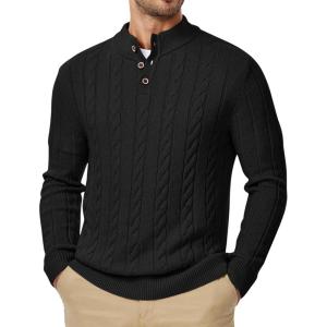 imageJMIERR Mens Wool Blend Cable Knit Sweater Casual Long Sleeve Button Stand Collar Old Money Pullover SweatersBlack