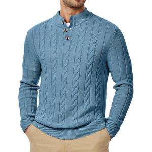 imageJMIERR Mens Wool Blend Cable Knit Sweater Casual Long Sleeve Button Stand Collar Old Money Pullover SweatersBlue
