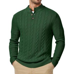imageJMIERR Mens Wool Blend Cable Knit Sweater Casual Long Sleeve Button Stand Collar Old Money Pullover SweatersGreen