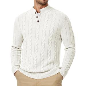 imageJMIERR Mens Wool Blend Cable Knit Sweater Casual Long Sleeve Button Stand Collar Old Money Pullover SweatersWhite