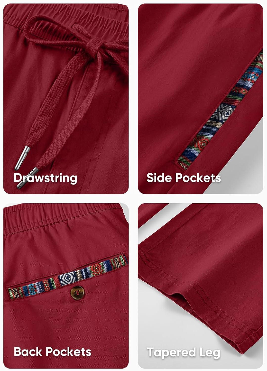 imageJMIERR Mens Casual Pants Cotton Twill Drawstring Elastic Waist Chino Pants with PocketsRed Dahlia