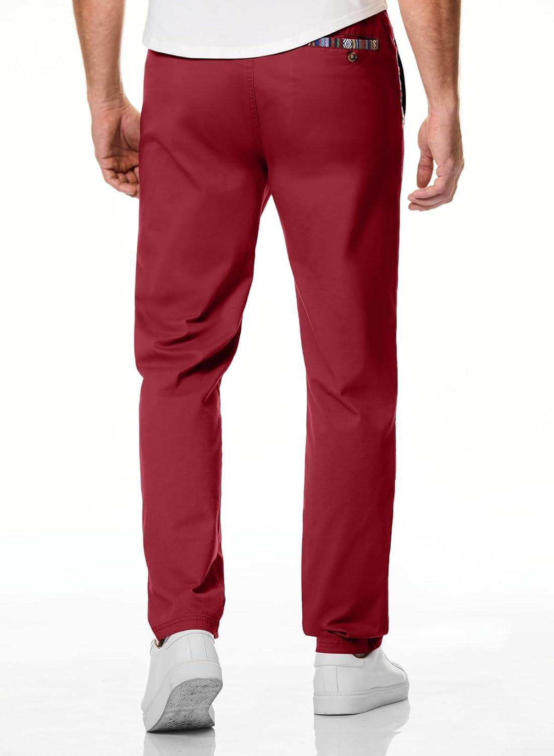 imageJMIERR Mens Casual Pants Cotton Twill Drawstring Elastic Waist Chino Pants with PocketsRed Dahlia