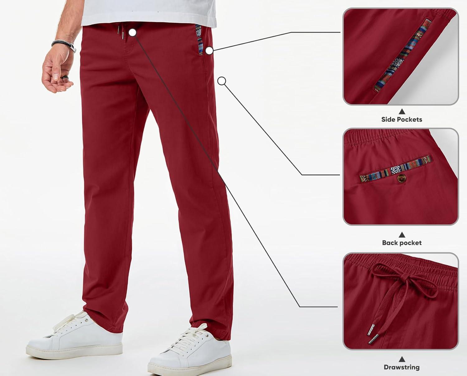 imageJMIERR Mens Casual Pants Cotton Twill Drawstring Elastic Waist Chino Pants with PocketsRed Dahlia