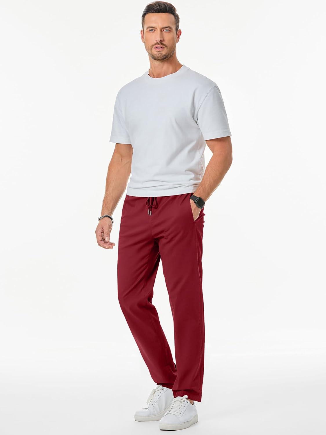 imageJMIERR Mens Casual Pants Cotton Twill Drawstring Elastic Waist Chino Pants with PocketsRed Dahlia