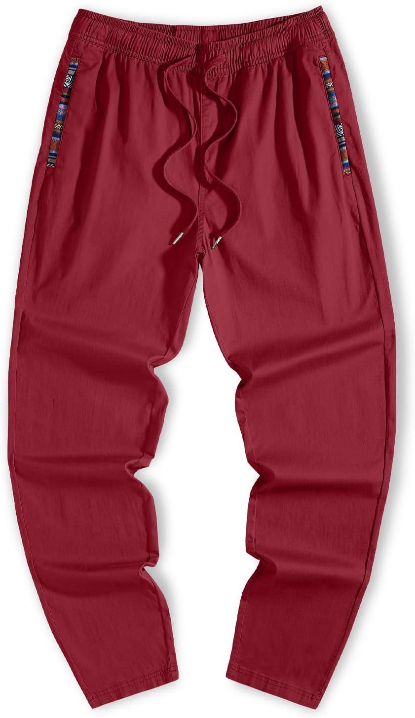imageJMIERR Mens Casual Pants Cotton Twill Drawstring Elastic Waist Chino Pants with PocketsRed Dahlia