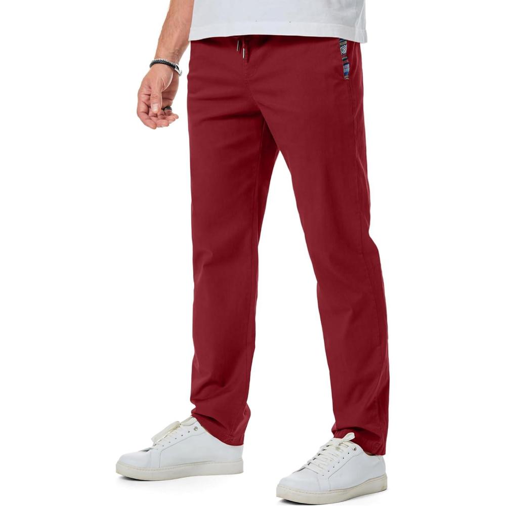 imageJMIERR Mens Casual Pants Cotton Twill Drawstring Elastic Waist Chino Pants with PocketsRed Dahlia