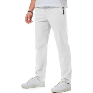 imageJMIERR Mens Casual Pants Cotton Twill Drawstring Elastic Waist Chino Pants with PocketsA White
