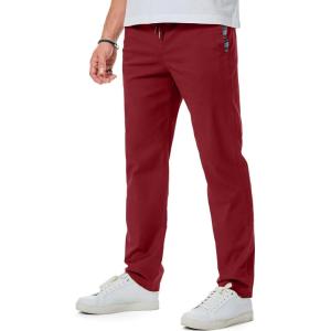 imageJMIERR Mens Casual Pants Cotton Twill Drawstring Elastic Waist Chino Pants with PocketsRed Dahlia