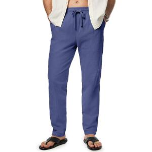 imageJMIERR Mens Cotton Pants Casual Elastic Waist Drawstring Lightweight Summer Beach Trousers with PocketsDark Blue