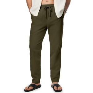 imageJMIERR Mens Cotton Pants Casual Elastic Waist Drawstring Lightweight Summer Beach Trousers with PocketsDark Green