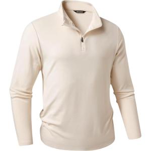 imageJMIERR Mens Quarter Zip Pullover Sweatshirts Stretch Polo Fleece Lined Long Sleeve Workout Golf ShirtA Beige