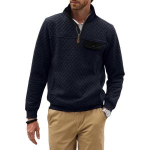imageJMIERR Mens Quilted Sweatshirt Casual Long Sleeve Outdoor Stand Collar QuarterZip Pullover SweatshirtsA Navy Blue