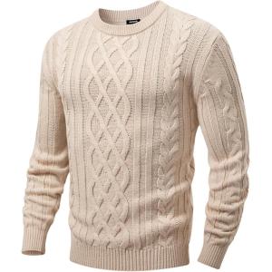 imageJMIERR Mens Cable Knit Pullover Sweater Casual Crewneck Long Sleeve Fisherman Knitted SweatersBeige