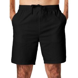 imageJMIERR Mens Seersucker Shorts Casual Stretch Elastic Waist Drawstring Summer Beach Short 7 inch Inseam with PocketsBlack