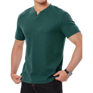 imageJMIERR Mens Waffle Cotton T Shirt VNeck Henley Shirt Short Sleeve Work Casual Tee ShirtsBlackish Green