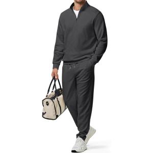 imageJMIERR 2025 Men Casual Fall Tracksuit 2 Piece Set Polo Quarter Zip Sweat Suit Jogging Sweatpants Athletic Twill MultiPocketsA Dark Grey
