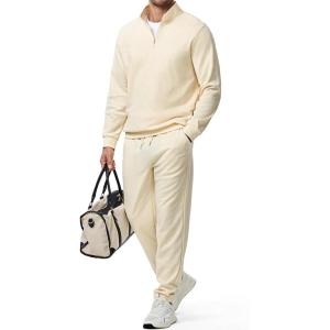 imageJMIERR 2025 Men Casual Fall Tracksuit 2 Piece Set Polo Quarter Zip Sweat Suit Jogging Sweatpants Athletic Twill MultiPocketsB Beige