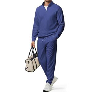 imageJMIERR 2025 Men Casual Fall Tracksuit 2 Piece Set Polo Quarter Zip Sweat Suit Jogging Sweatpants Athletic Twill MultiPocketsBlue