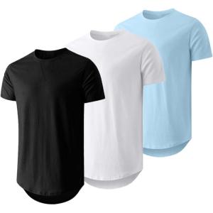 imageJMIERR Mens 3 Pack Cotton Hipster Hip Hop Longline Crewneck TShirtAblackWhiteBaby Blue