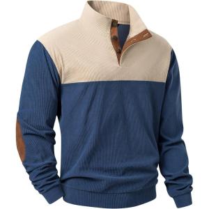 imageJMIERR Mens Corduroy Sweaters Pullover Casual Stand Collar Quarter Metal Button Warm Sweatshirt Long SleeveBlue