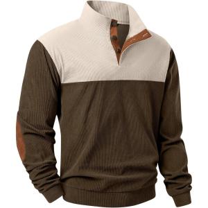 imageJMIERR Mens Corduroy Sweaters Pullover Casual Stand Collar Quarter Metal Button Warm Sweatshirt Long SleeveBrown