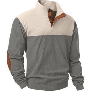 imageJMIERR Mens Corduroy Sweaters Pullover Casual Stand Collar Quarter Metal Button Warm Sweatshirt Long SleeveGrey