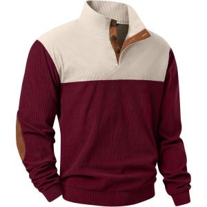 imageJMIERR Mens Corduroy Sweaters Pullover Casual Stand Collar Quarter Metal Button Warm Sweatshirt Long SleeveRed