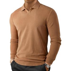 imageJMIERR Mens Casual Buttonless Polo Shirt Long Sleeve V Neck Ribbed Knit Golf ShirtsA Camel