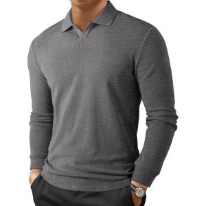 imageJMIERR Mens Casual Buttonless Polo Shirt Long Sleeve V Neck Ribbed Knit Golf ShirtsA Medium Grey
