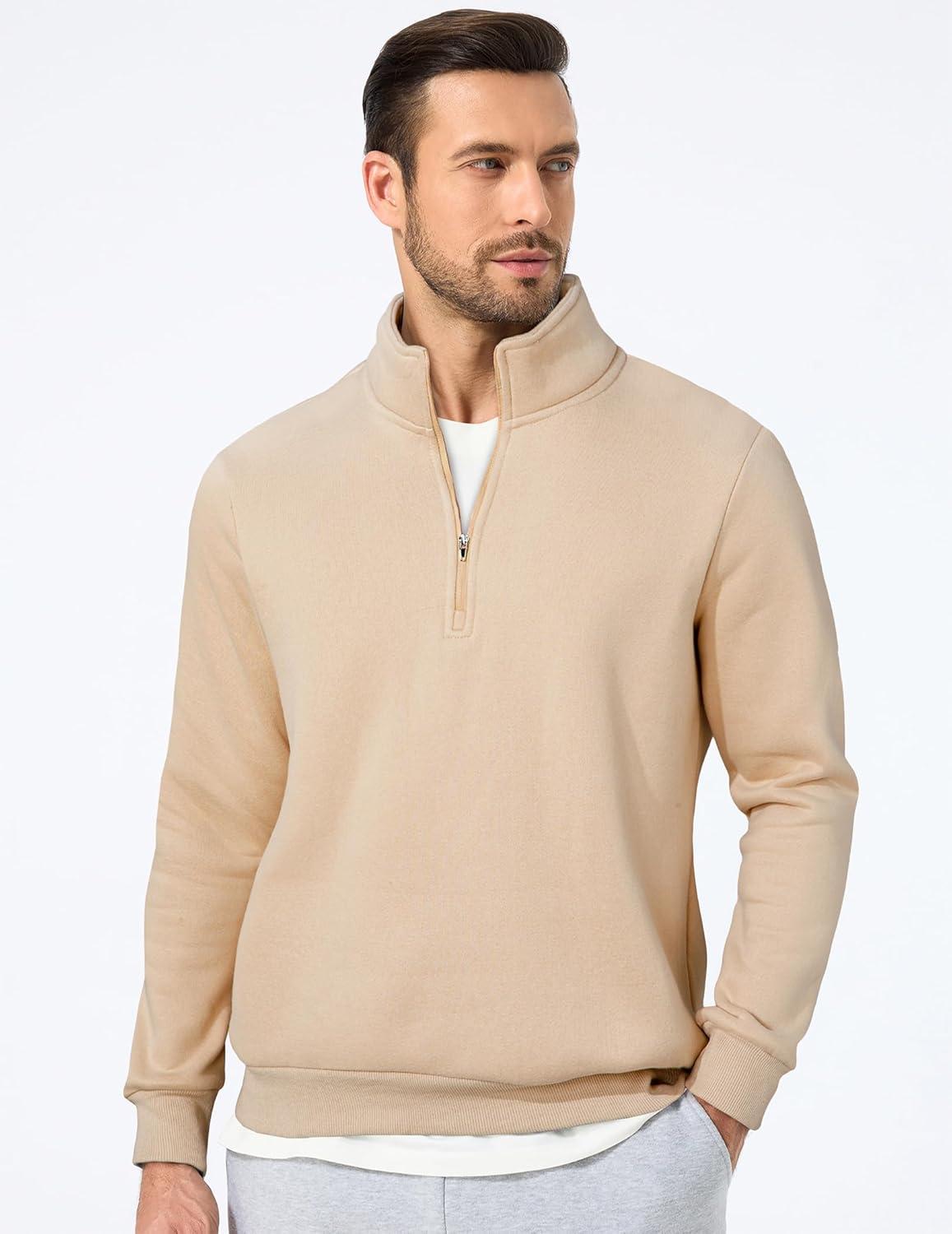 imageJMIERR Mens Quarter Zip Pullover Polo Sweater Mock Neck Long Sleeve Lightweight Fleece SweatshirtsApricot