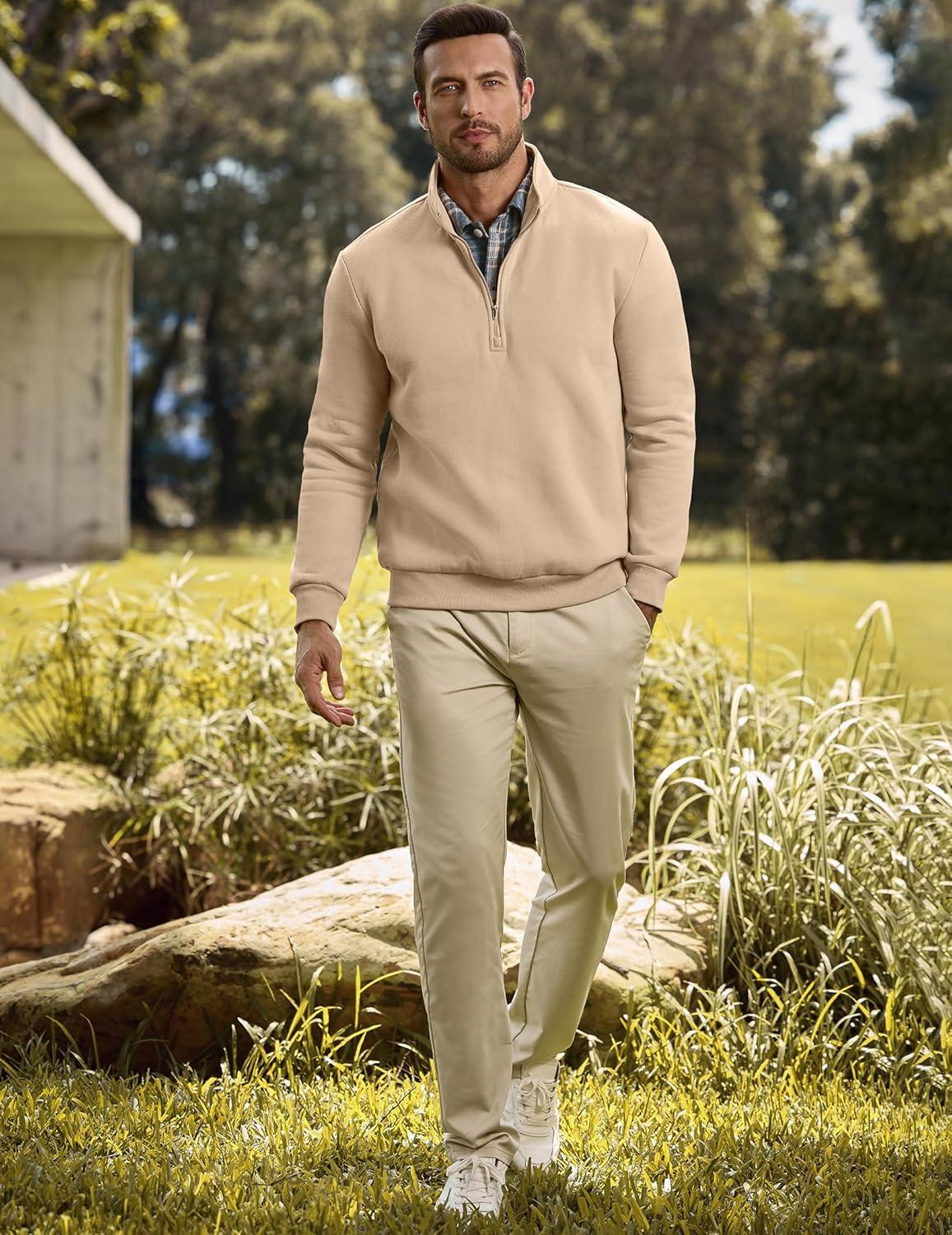 imageJMIERR Mens Quarter Zip Pullover Polo Sweater Mock Neck Long Sleeve Lightweight Fleece SweatshirtsApricot