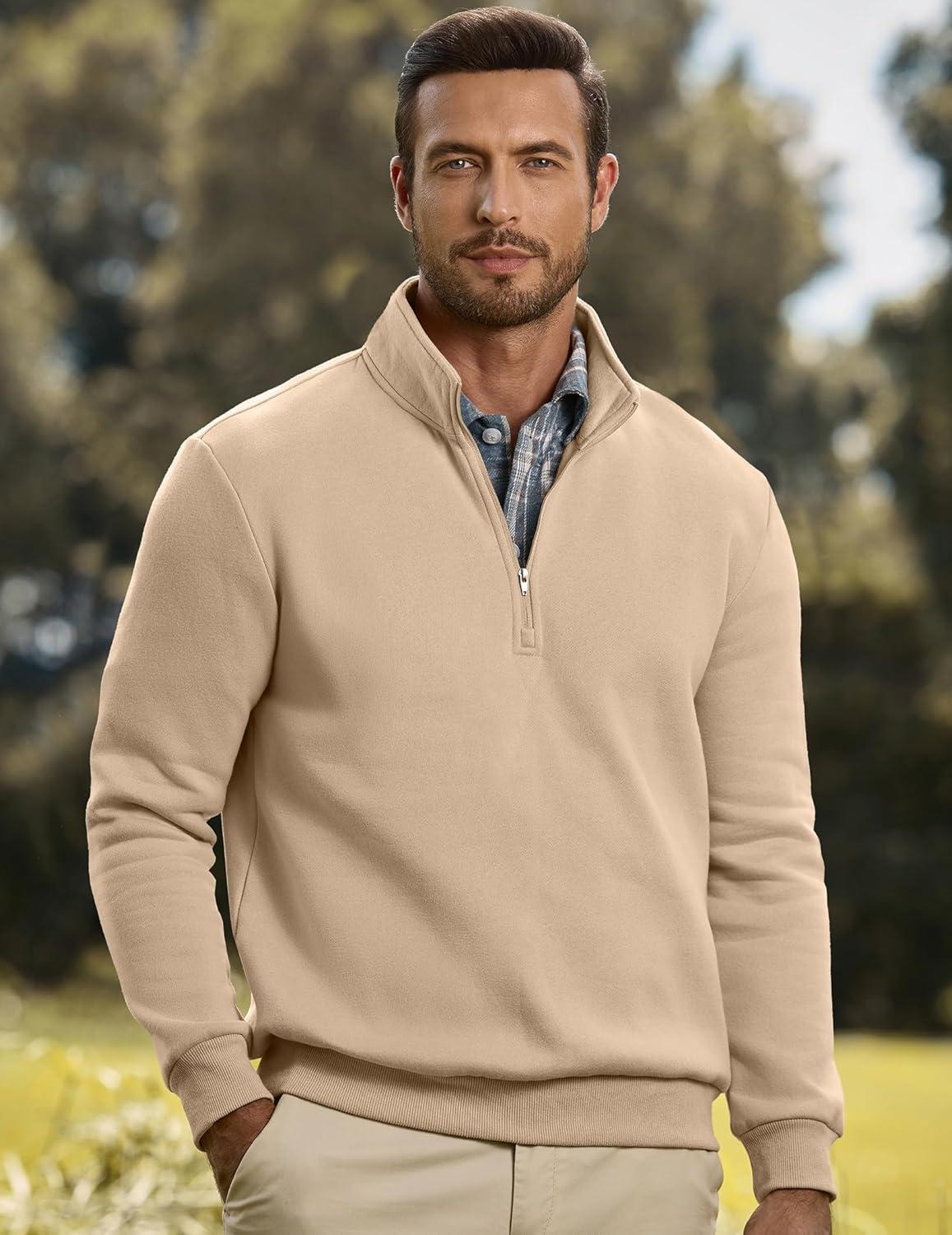 imageJMIERR Mens Quarter Zip Pullover Polo Sweater Mock Neck Long Sleeve Lightweight Fleece SweatshirtsApricot