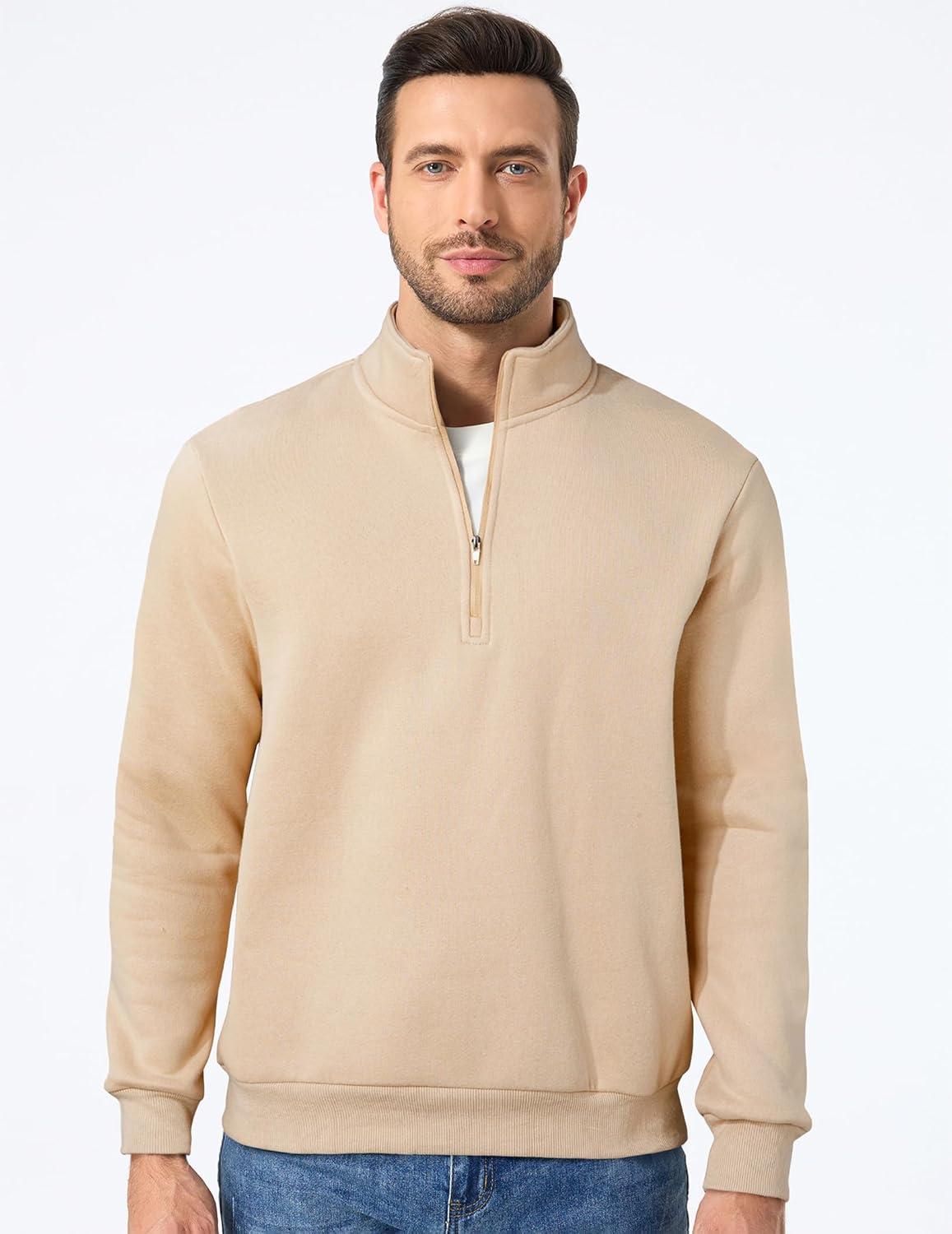 imageJMIERR Mens Quarter Zip Pullover Polo Sweater Mock Neck Long Sleeve Lightweight Fleece SweatshirtsApricot