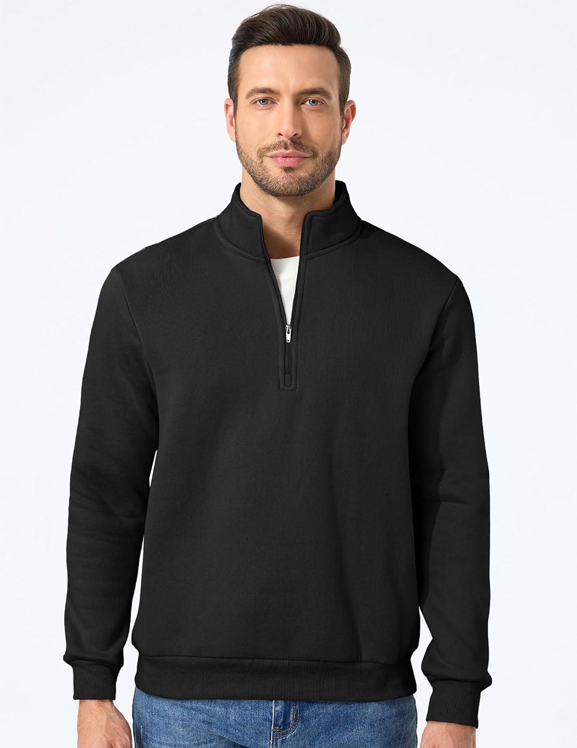 imageJMIERR Mens Quarter Zip Pullover Polo Sweater Mock Neck Long Sleeve Lightweight Fleece SweatshirtsBlack