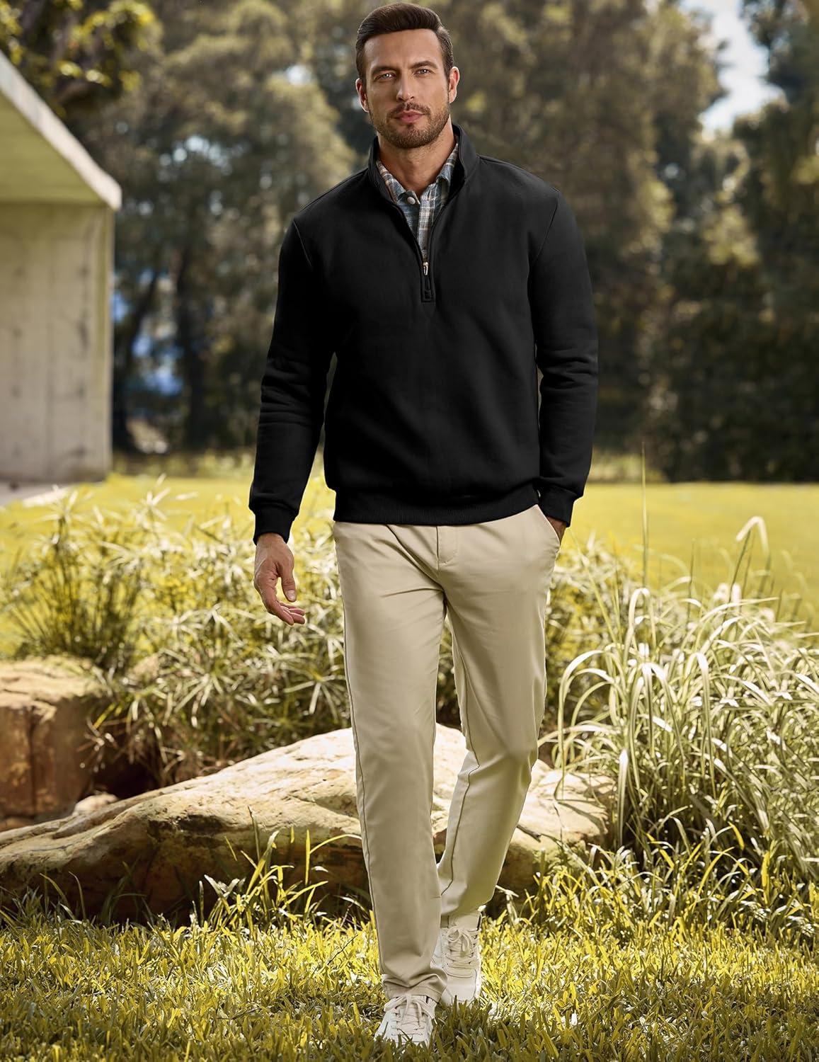 imageJMIERR Mens Quarter Zip Pullover Polo Sweater Mock Neck Long Sleeve Lightweight Fleece SweatshirtsBlack