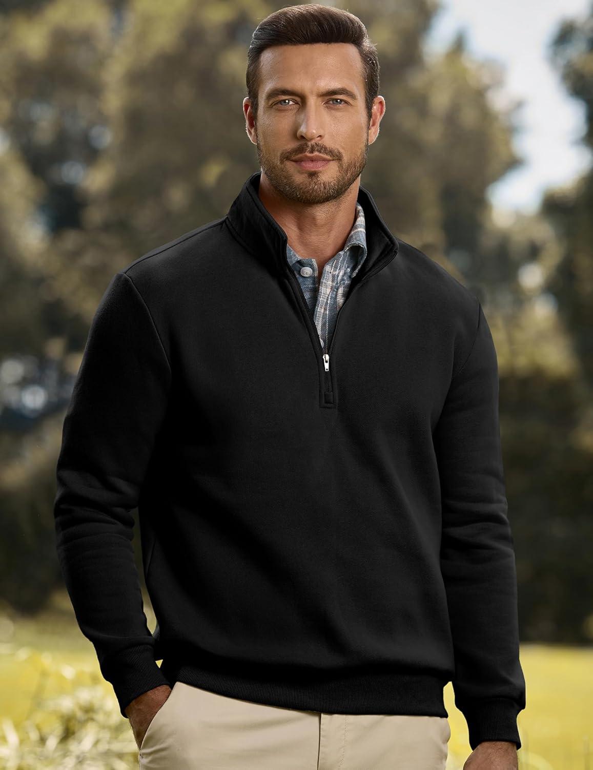 imageJMIERR Mens Quarter Zip Pullover Polo Sweater Mock Neck Long Sleeve Lightweight Fleece SweatshirtsBlack