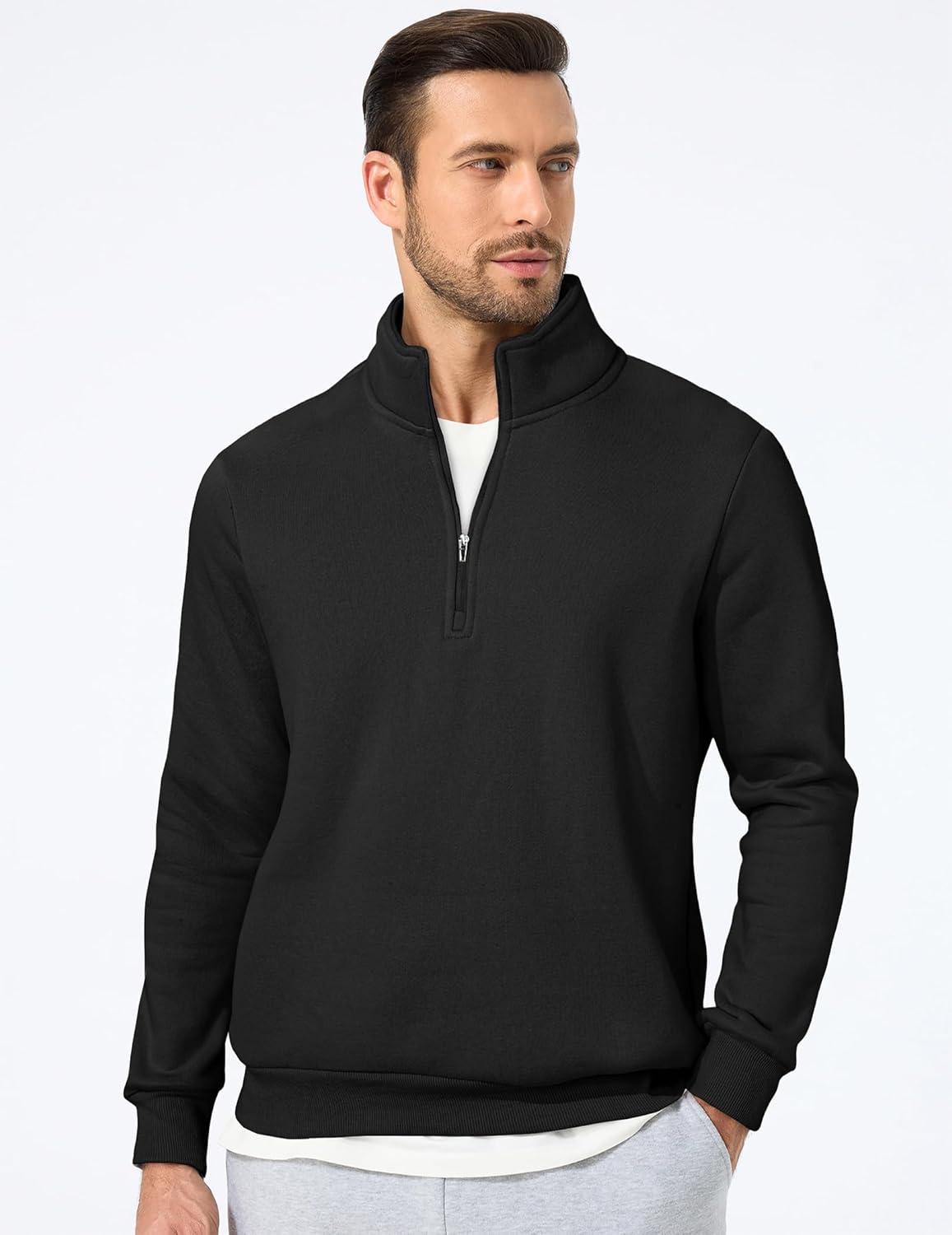 imageJMIERR Mens Quarter Zip Pullover Polo Sweater Mock Neck Long Sleeve Lightweight Fleece SweatshirtsBlack